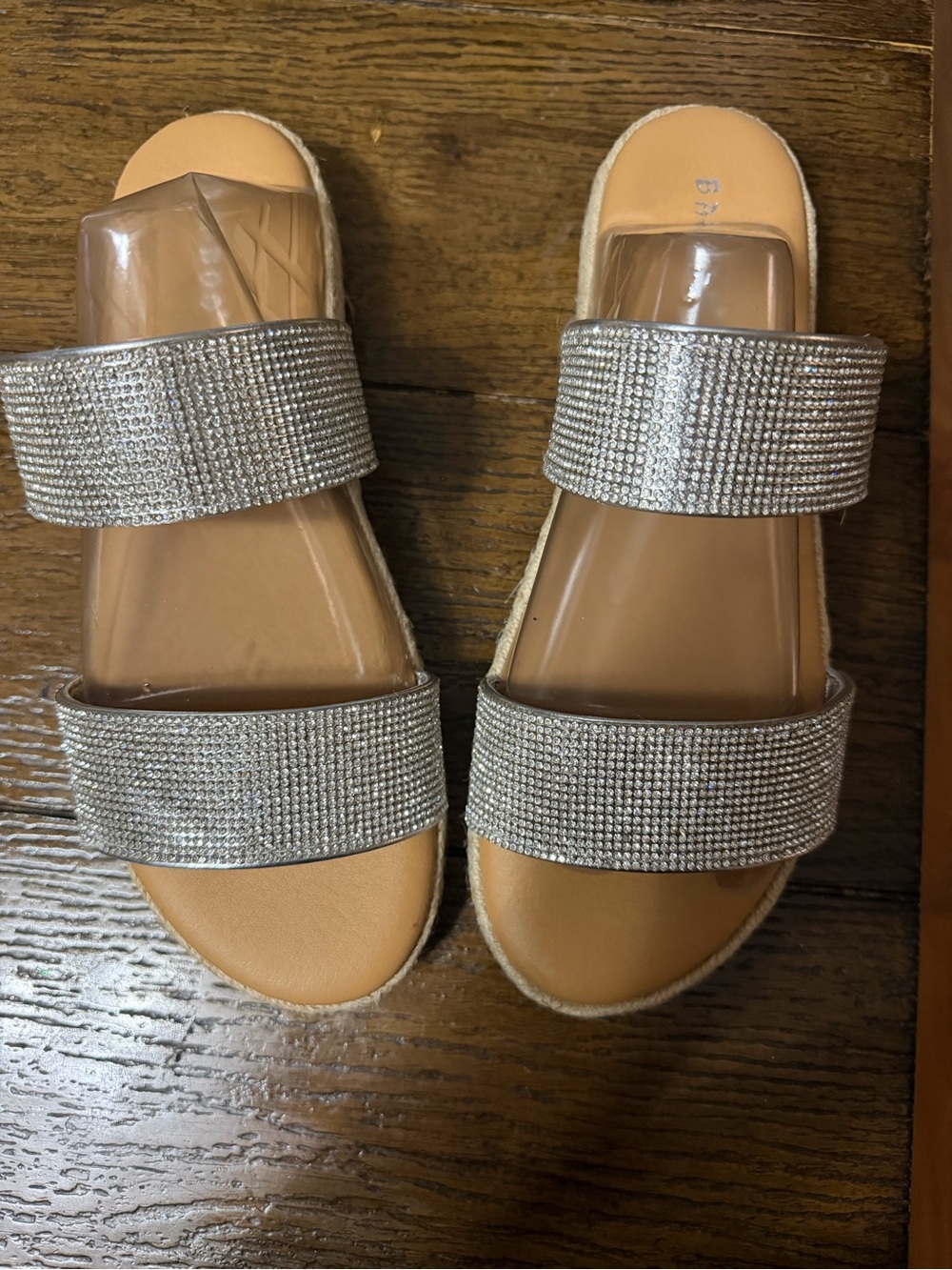 Women's Silver Crystal Double-Band Slide Sandals